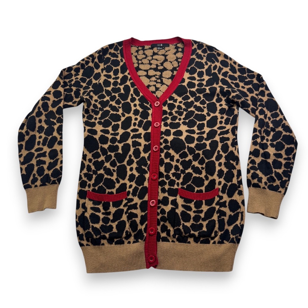 XXI Forever 21 Leopard Print Cardigan Red Trim Cotton Angora Blend Tan Black L
